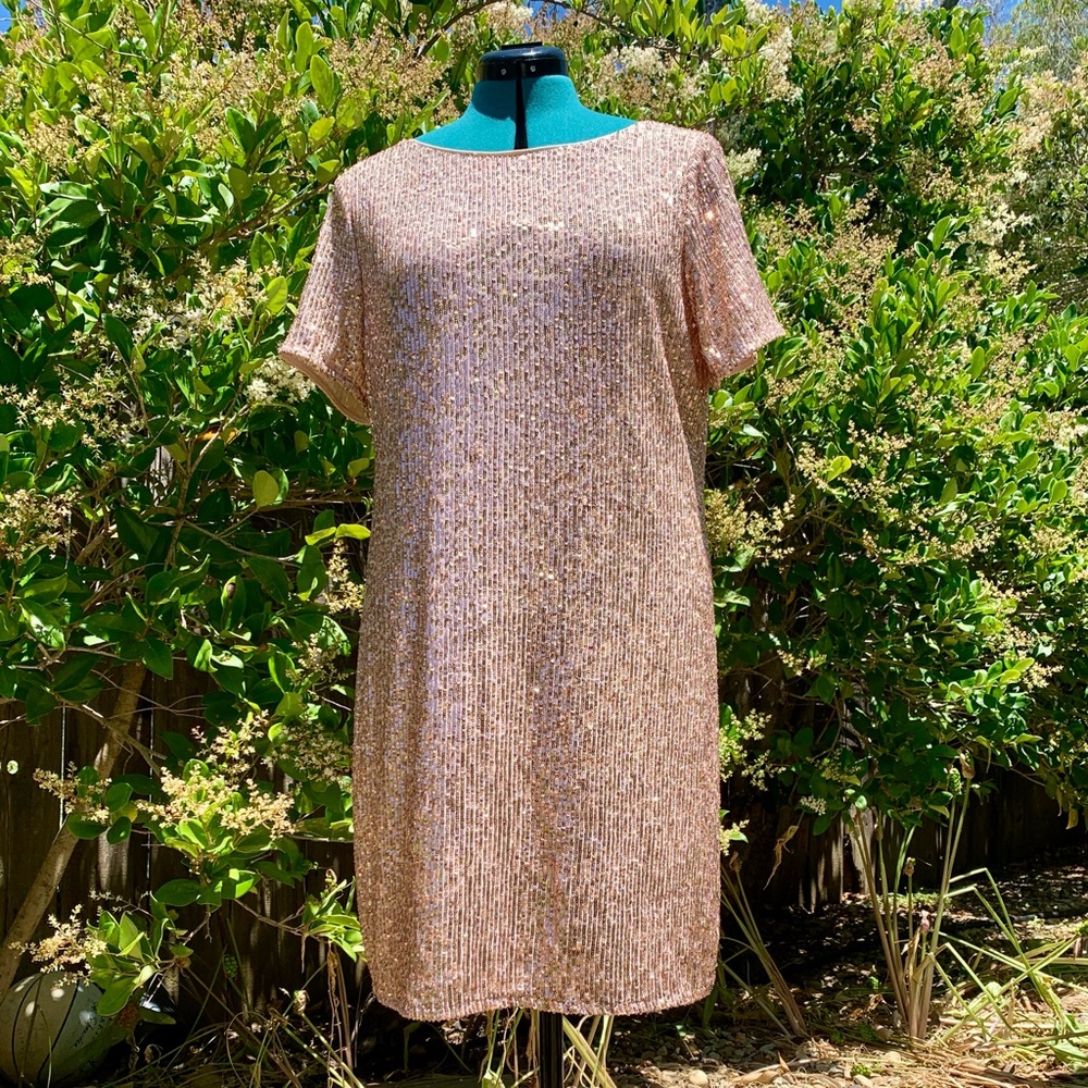 MSK Sequin Shift Dress XL Copper Pink Short Sleeve Mini